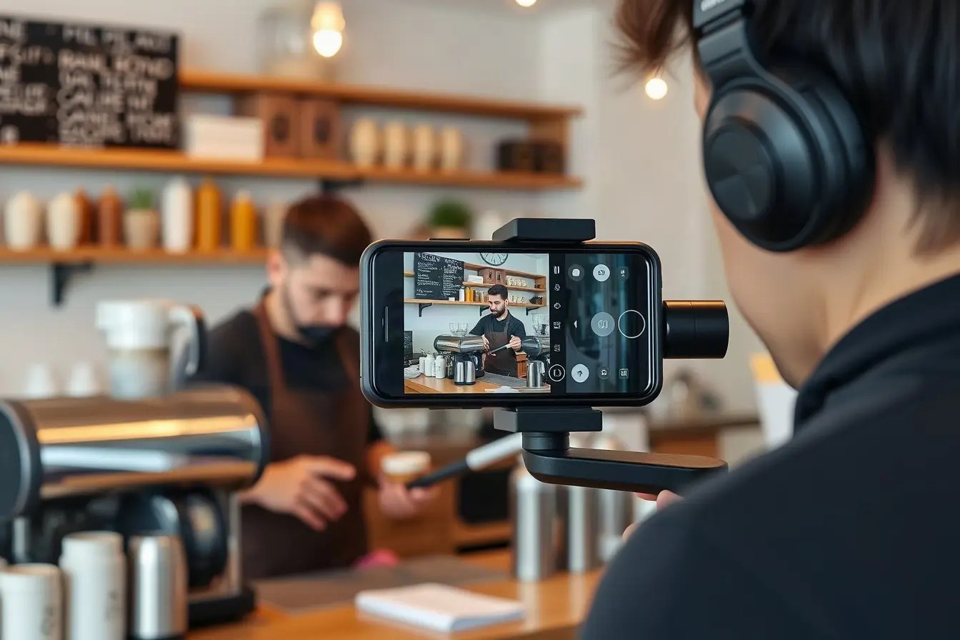 Videographer filming a barista making coffee with a phone gimbal