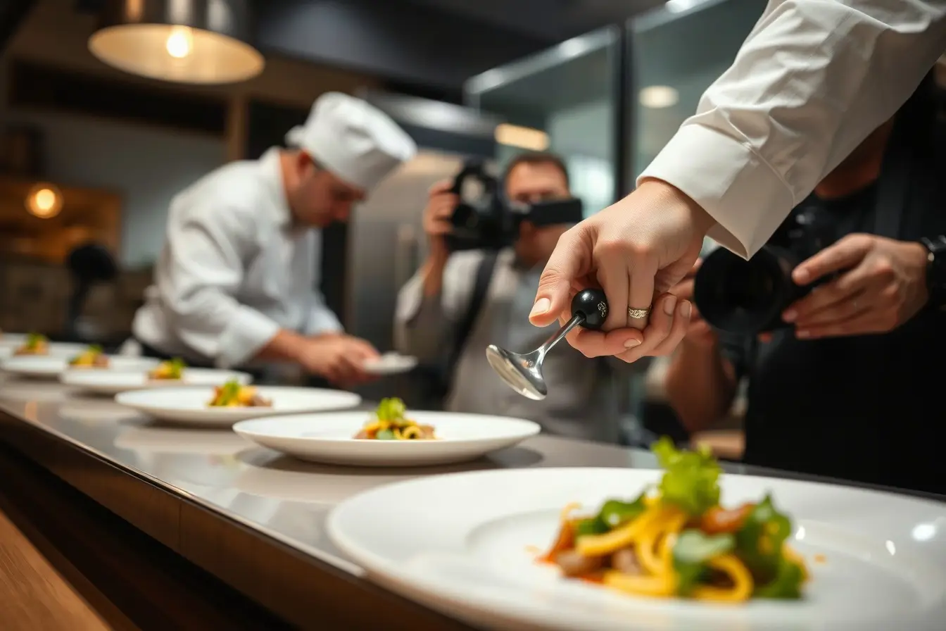 Chef plating a dish while a videographer films a close-up