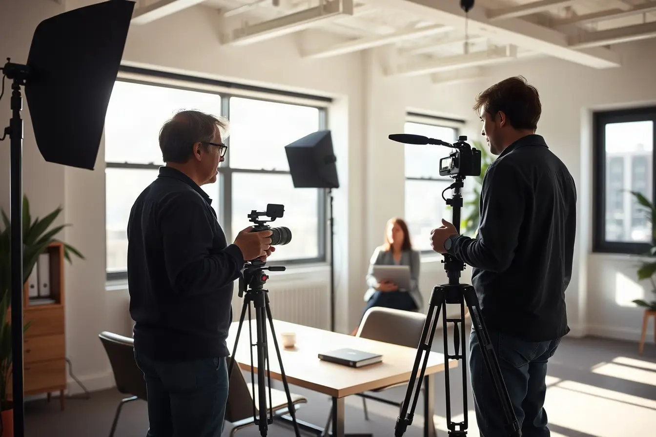 A small video crew filming a client interview in a sunlit San Francisco office