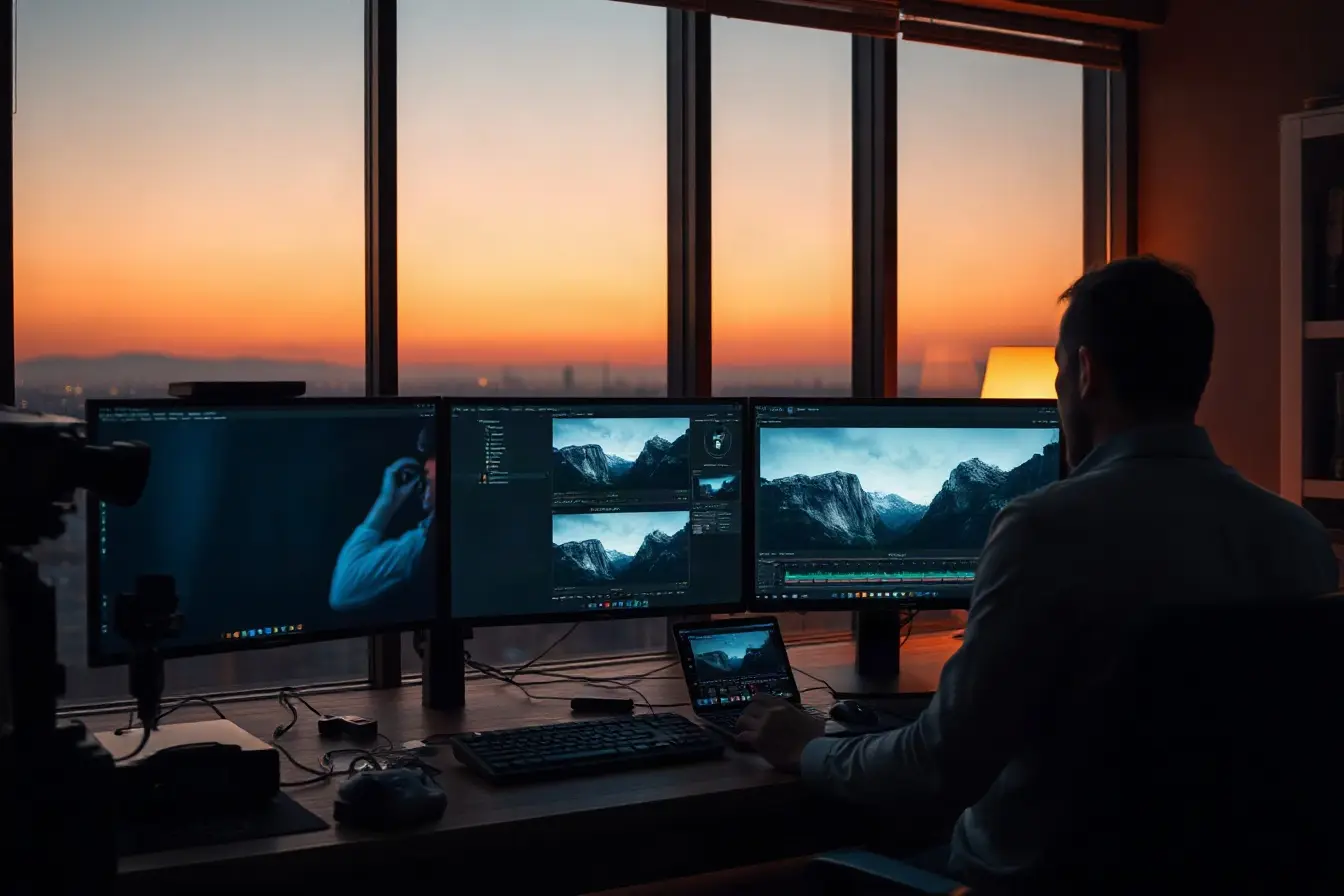 Professional video editing suite at dusk